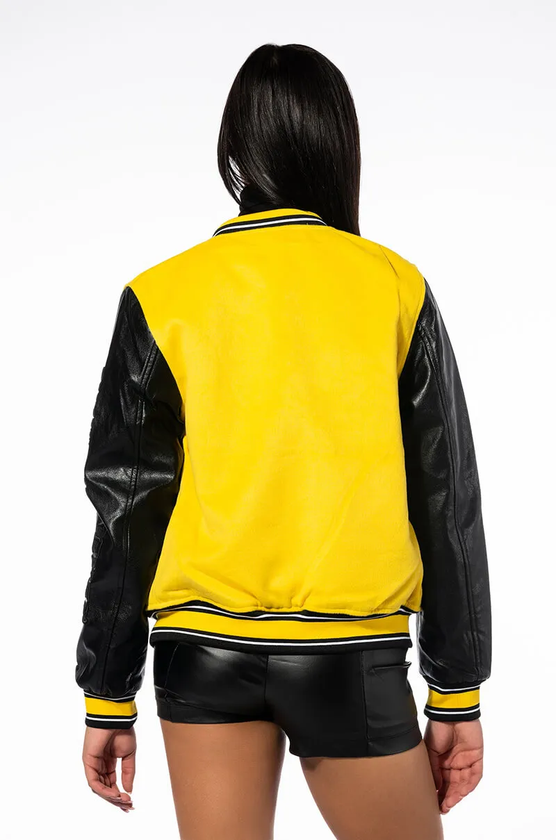 AZALEA WANG COLLEGIATE BLACK AND YELLOW VARSITY BOMBER