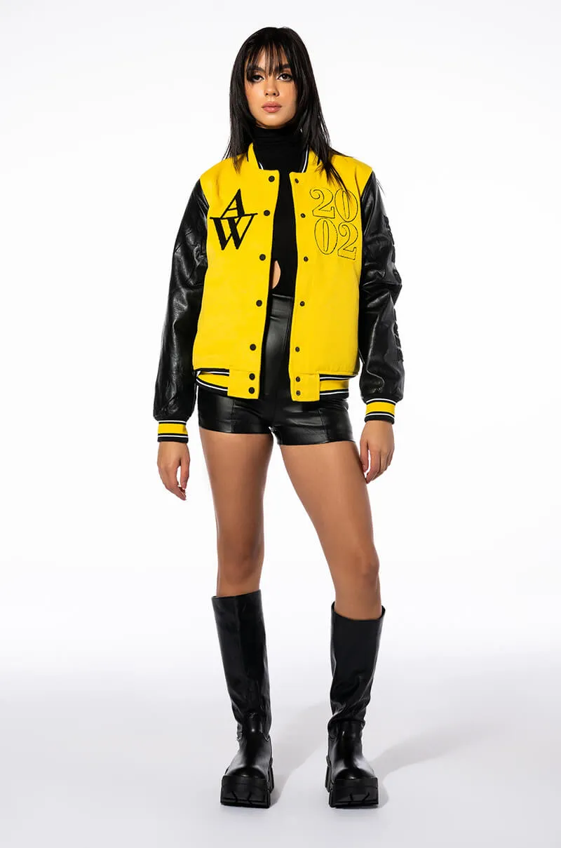 AZALEA WANG COLLEGIATE BLACK AND YELLOW VARSITY BOMBER