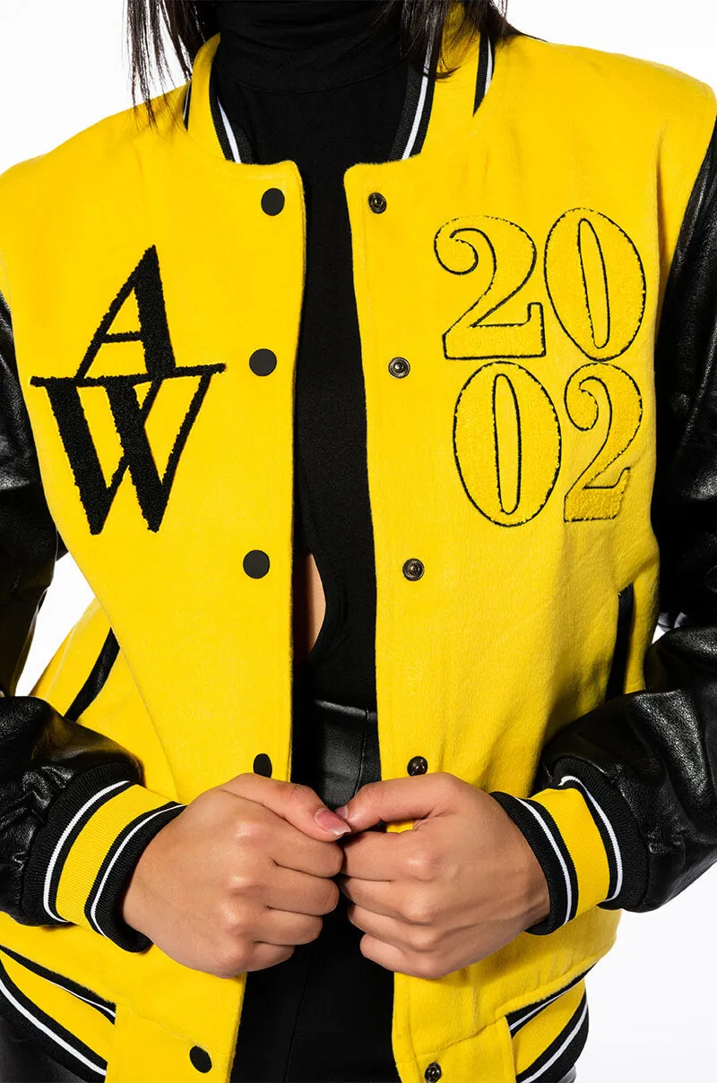 AZALEA WANG COLLEGIATE BLACK AND YELLOW VARSITY BOMBER