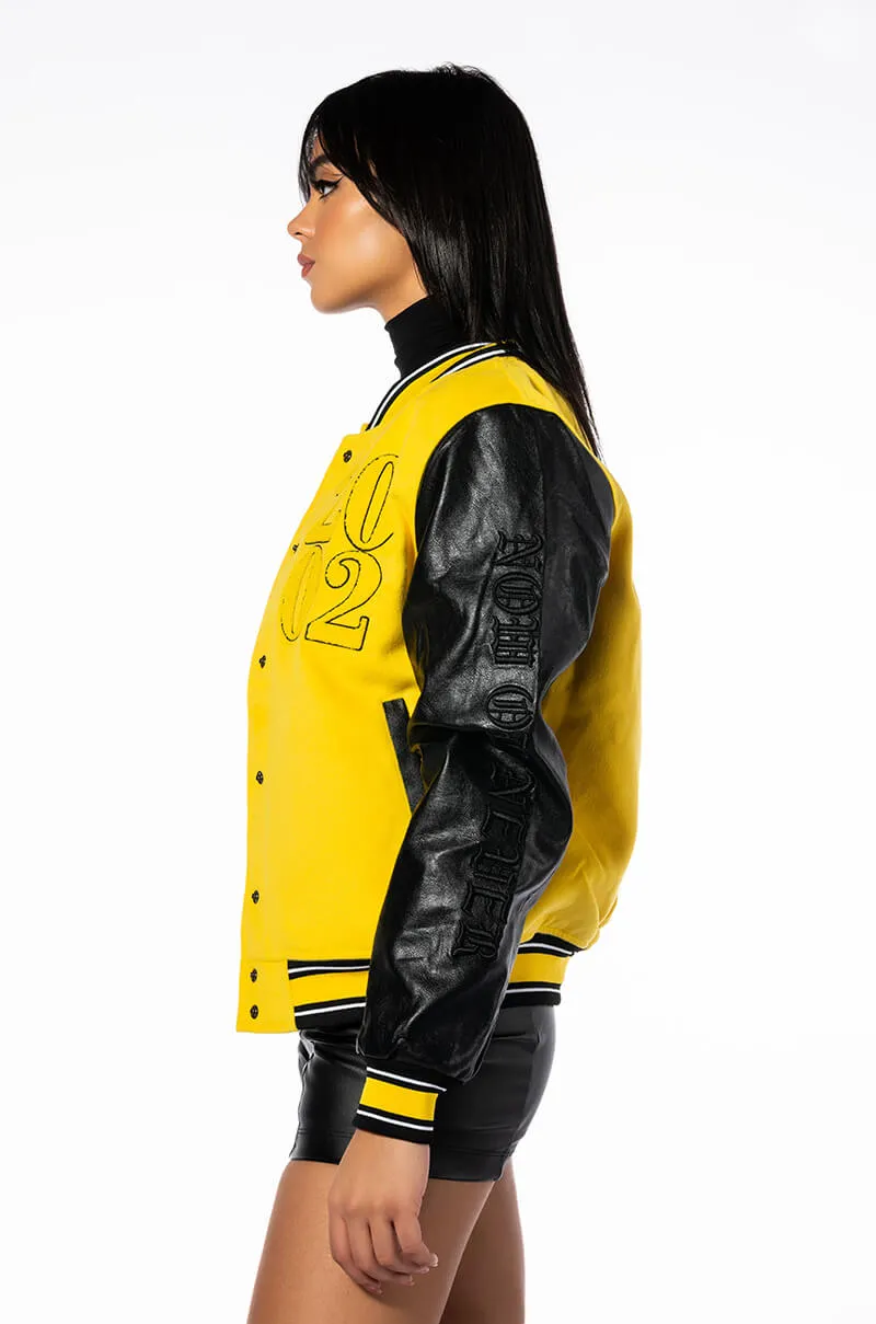 AZALEA WANG COLLEGIATE BLACK AND YELLOW VARSITY BOMBER