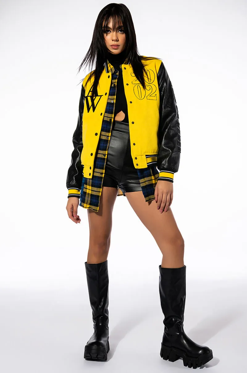 AZALEA WANG COLLEGIATE BLACK AND YELLOW VARSITY BOMBER