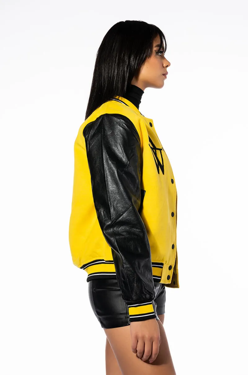 AZALEA WANG COLLEGIATE BLACK AND YELLOW VARSITY BOMBER