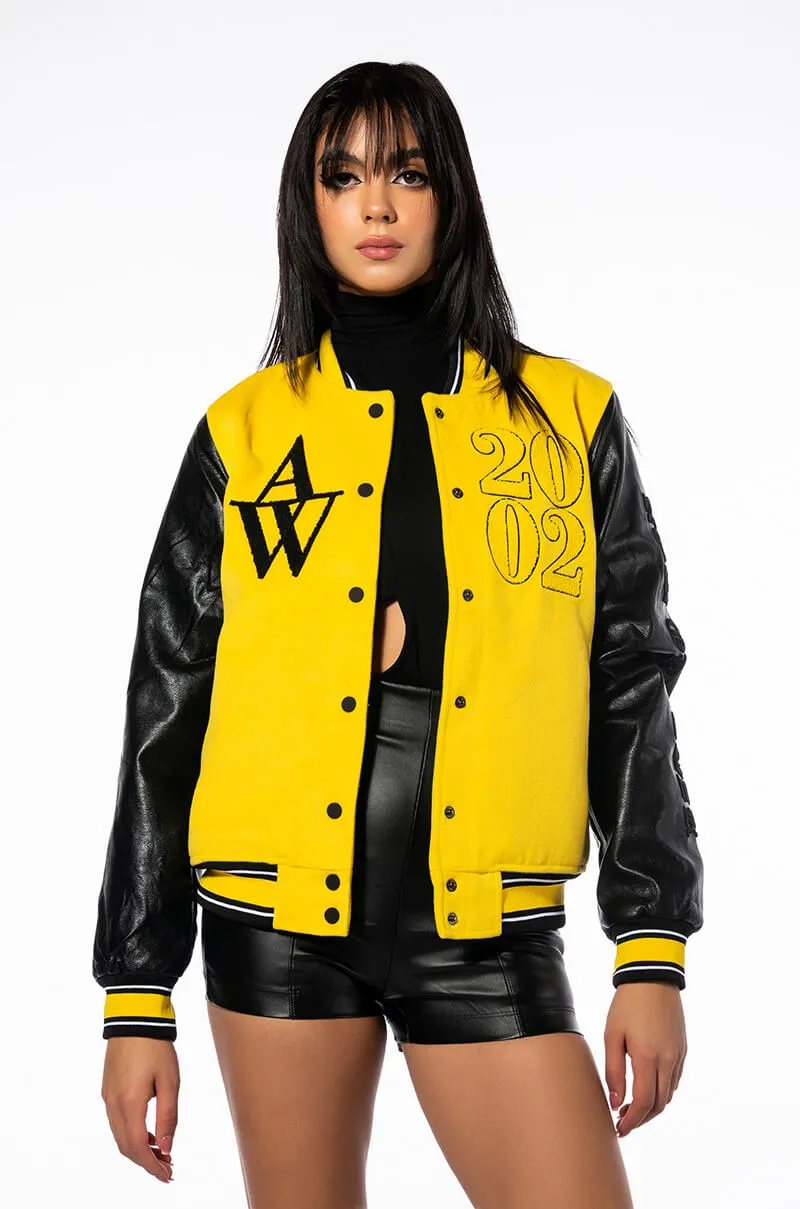 AZALEA WANG COLLEGIATE BLACK AND YELLOW VARSITY BOMBER