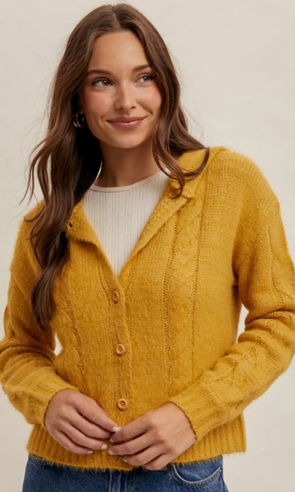 Barbara Mustard Eyelash Yarn Button Front Sweater Hoodie