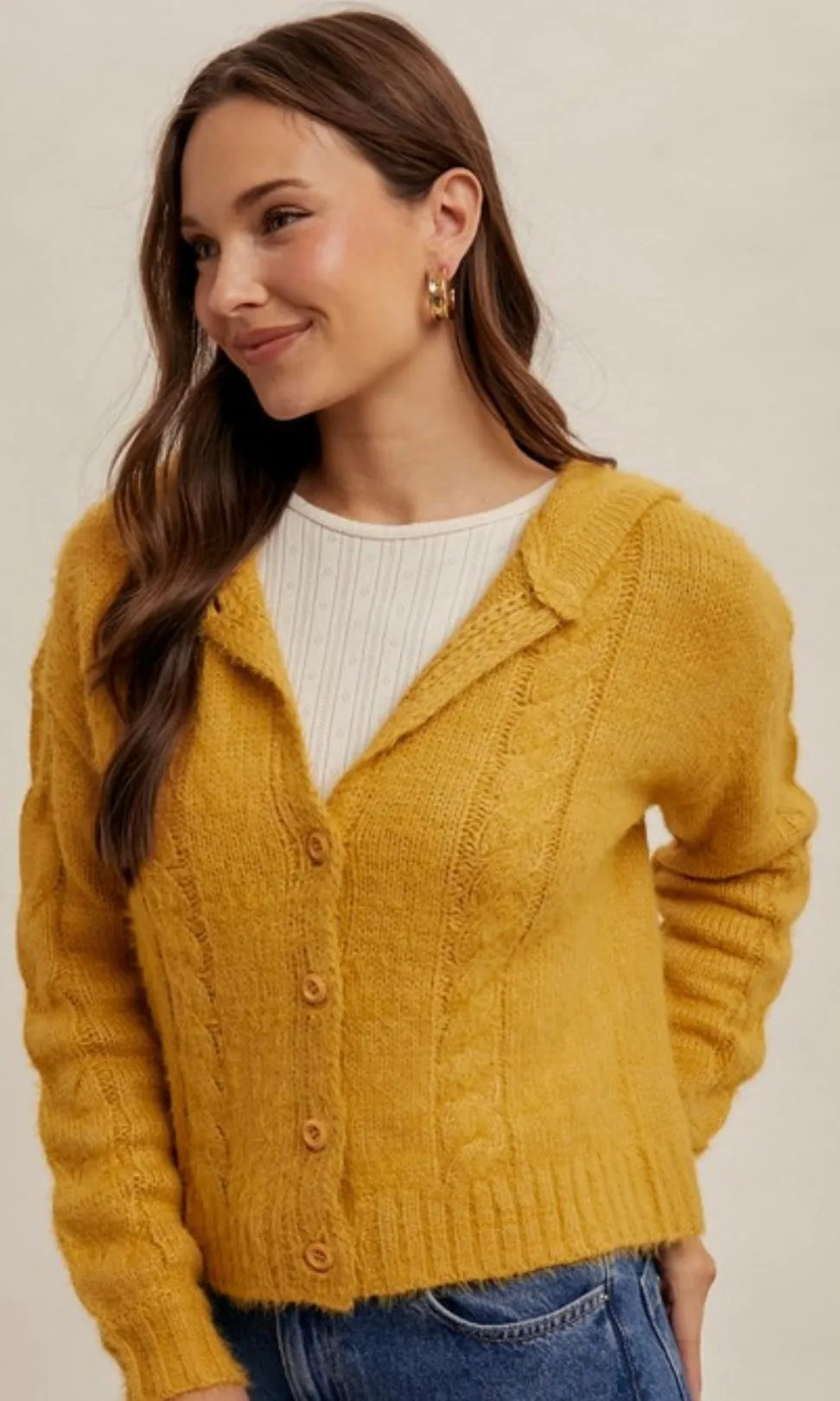 Barbara Mustard Eyelash Yarn Button Front Sweater Hoodie