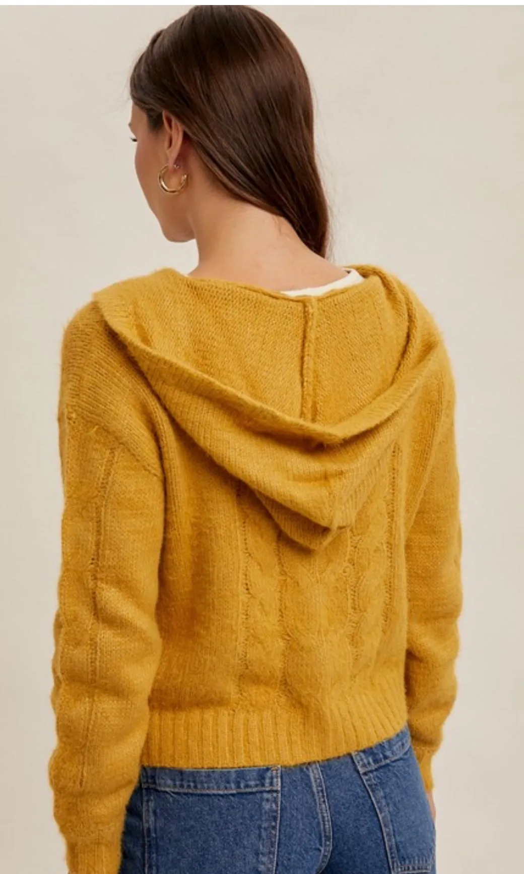 Barbara Mustard Eyelash Yarn Button Front Sweater Hoodie