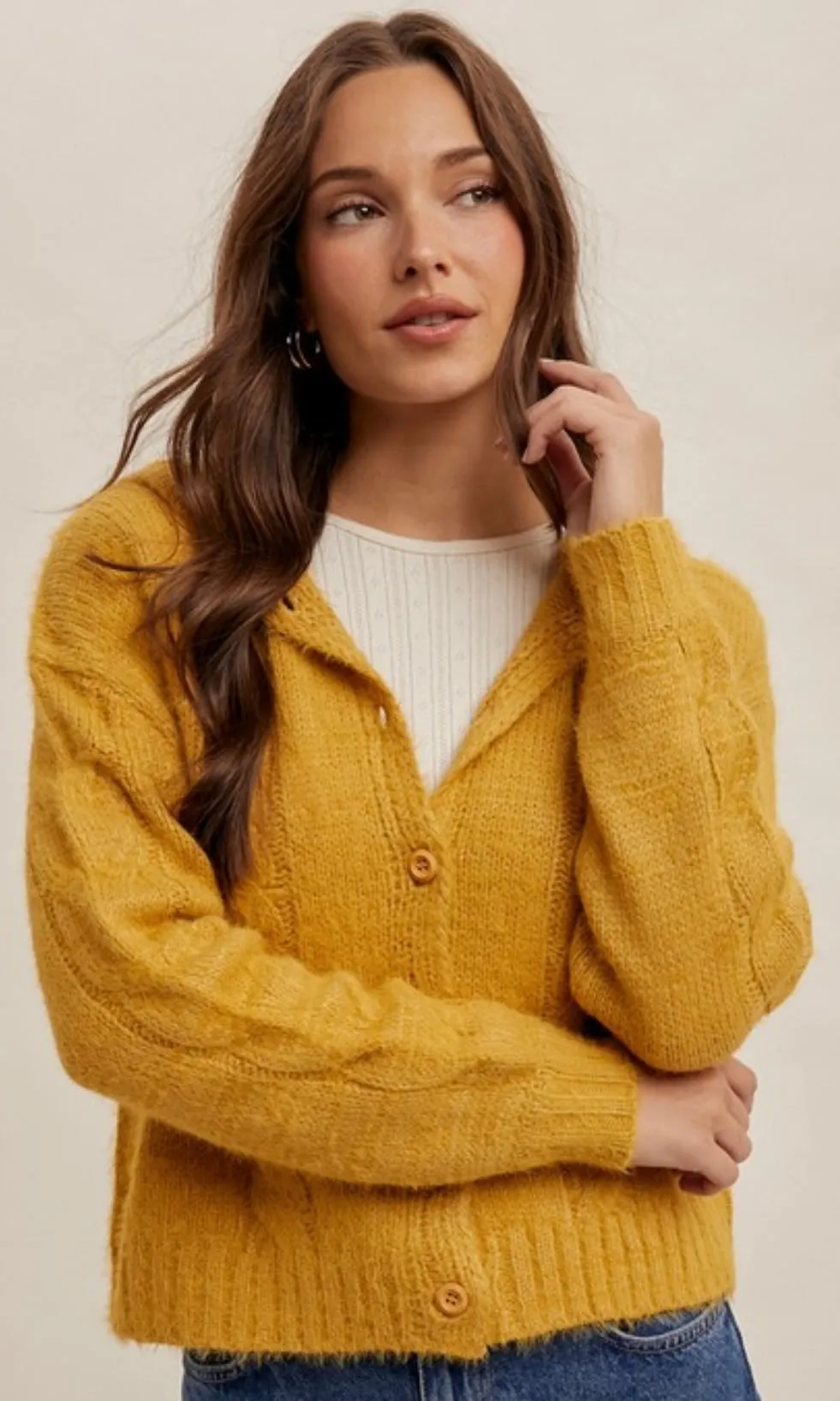 Barbara Mustard Eyelash Yarn Button Front Sweater Hoodie