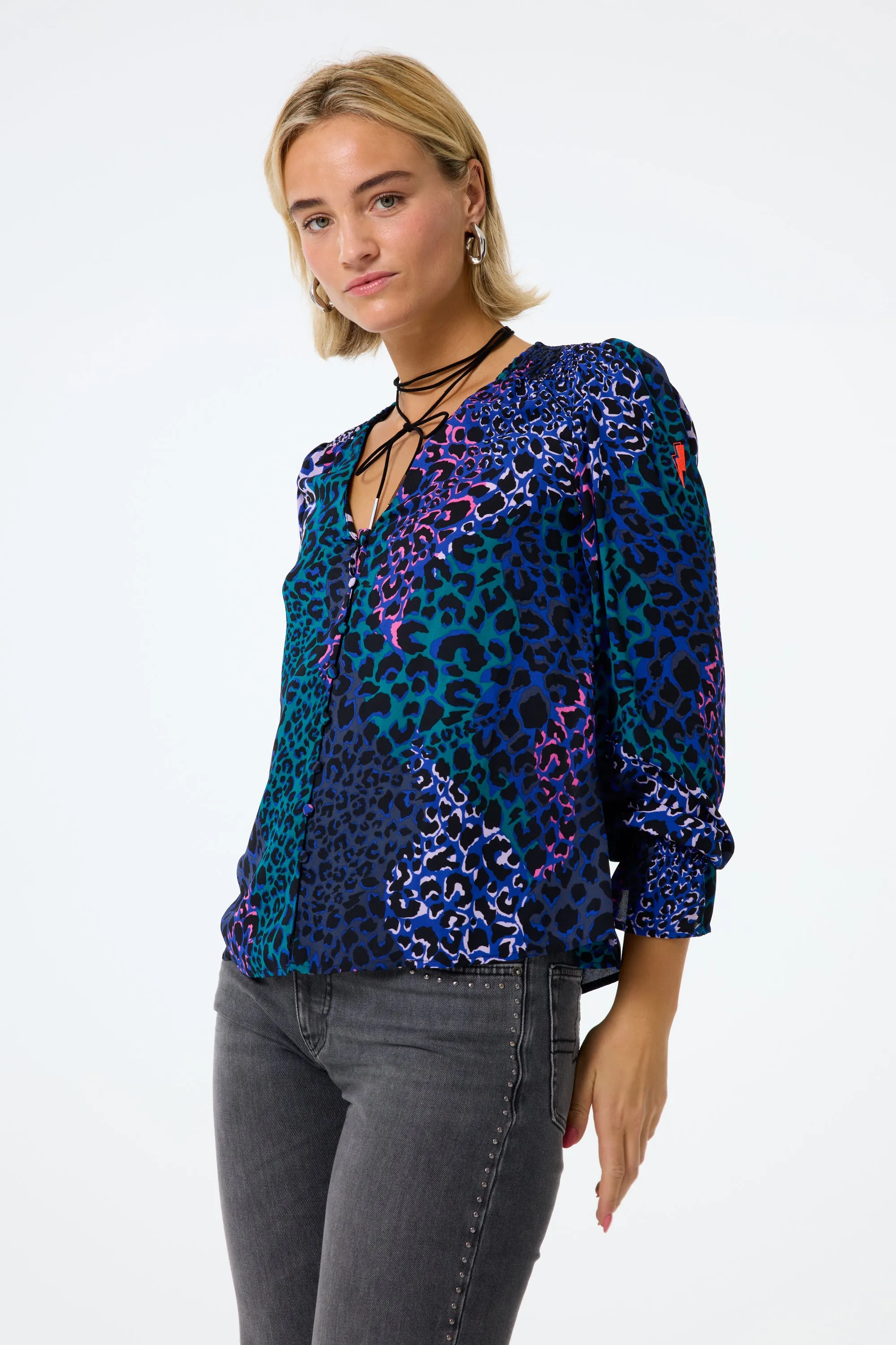 Blue with Green Spliced Leopard Flute Sleeve Blouse