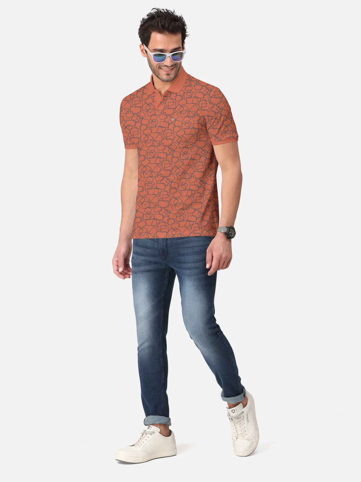 BULLMER Saffron Trendy Printed Half Sleeve Polo T-shirt for Mens