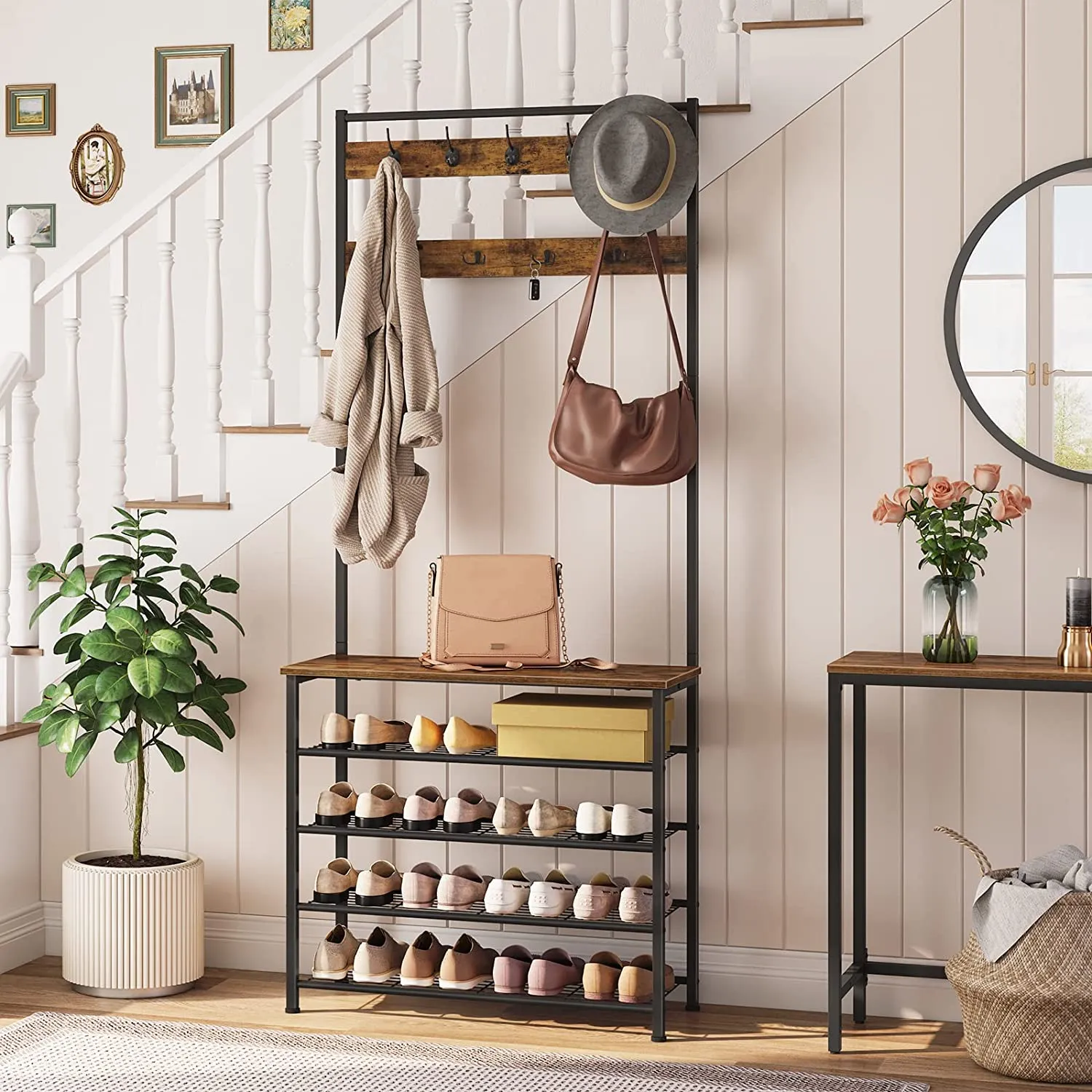 Coat Rack, 5 Tier Shoe Rack and Shoe Storage, Hall Tree with Bench, Shoe Organizer