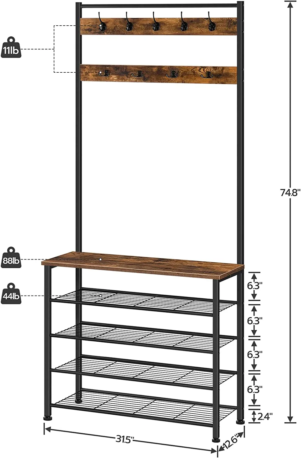 Coat Rack, 5 Tier Shoe Rack and Shoe Storage, Hall Tree with Bench, Shoe Organizer