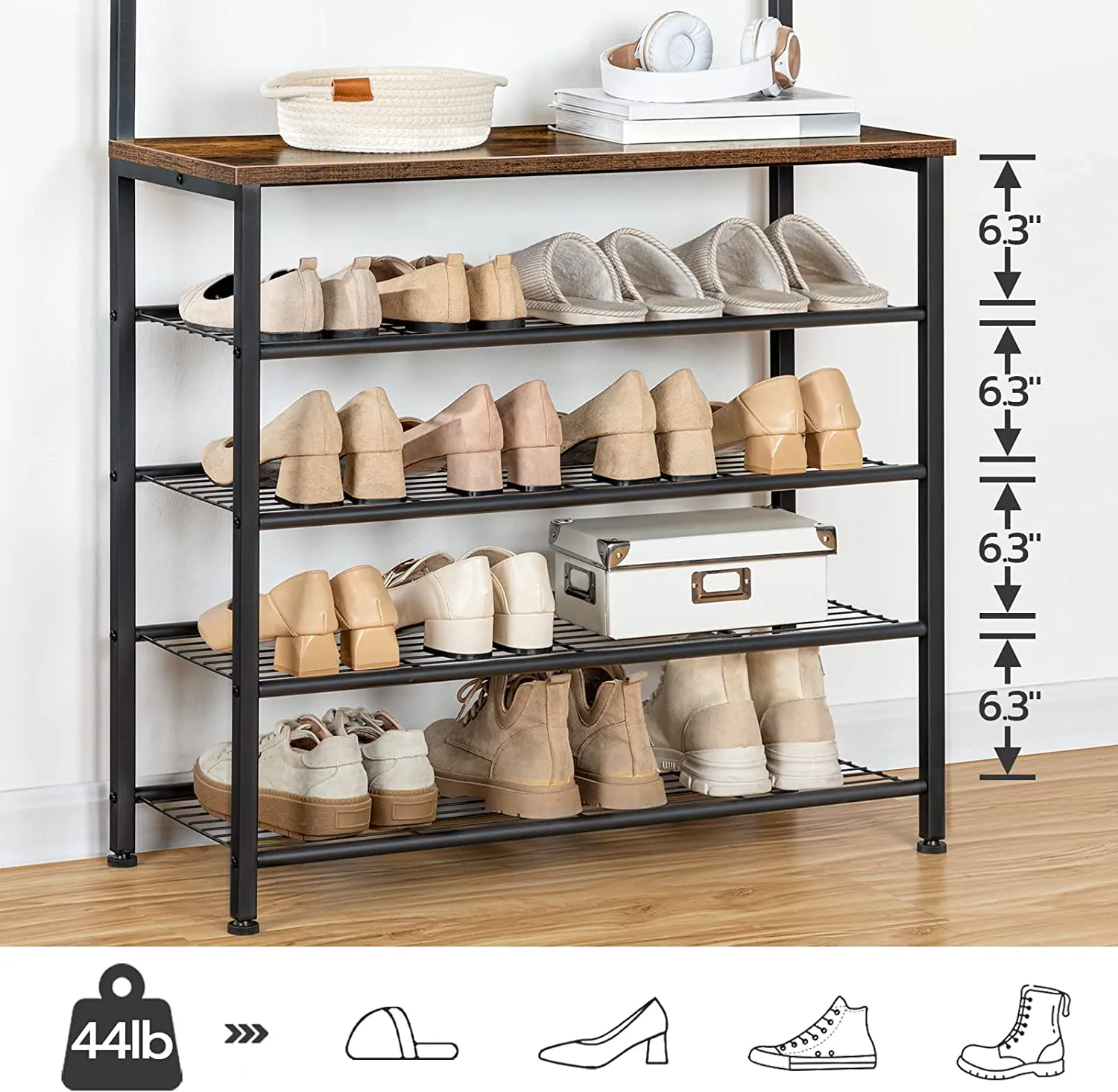 Coat Rack, 5 Tier Shoe Rack and Shoe Storage, Hall Tree with Bench, Shoe Organizer