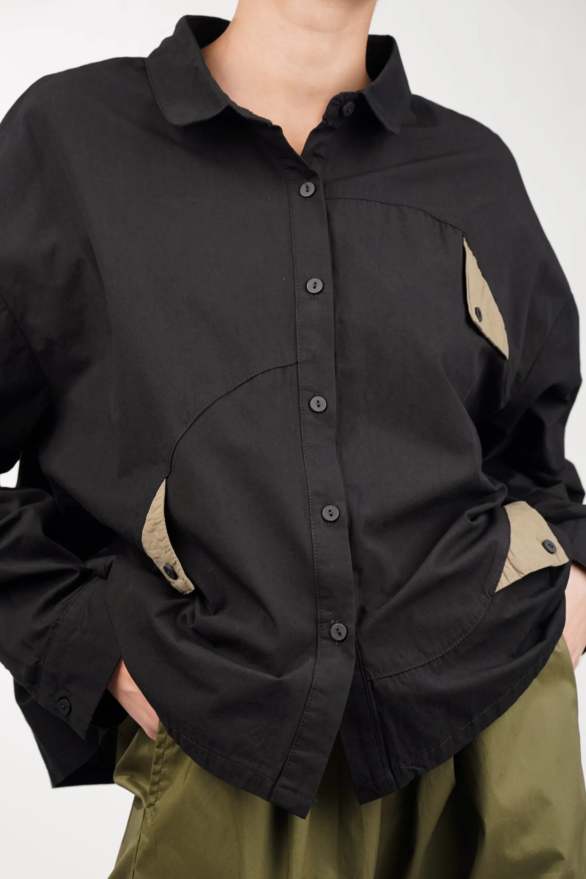 Cotton Black Shirt With Olive Flaps