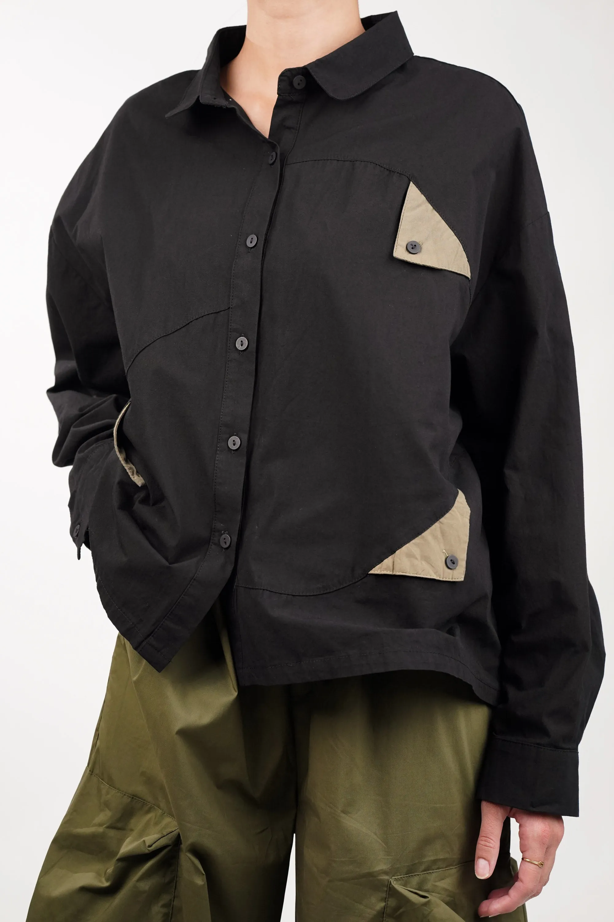 Cotton Black Shirt With Olive Flaps