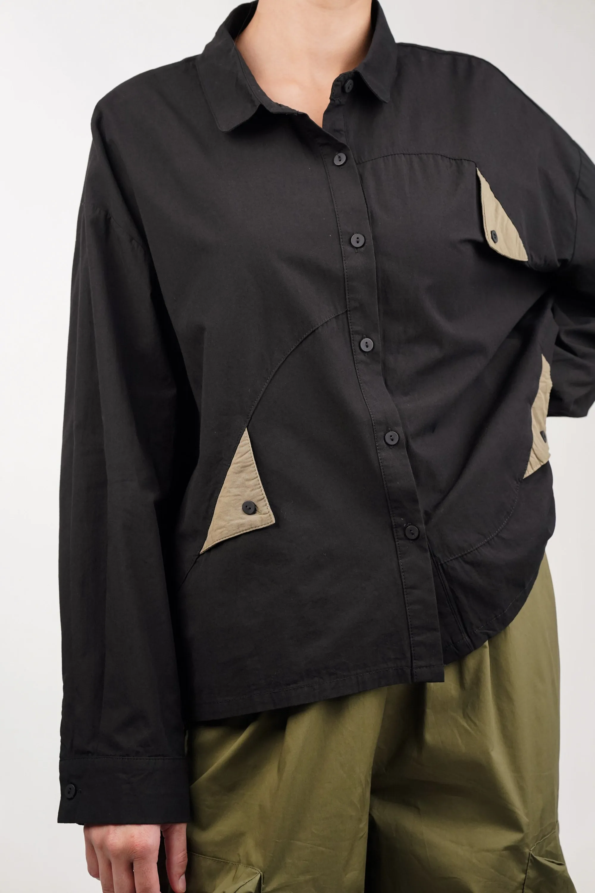 Cotton Black Shirt With Olive Flaps