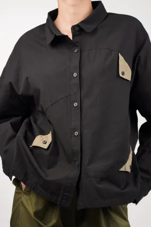 Cotton Black Shirt With Olive Flaps