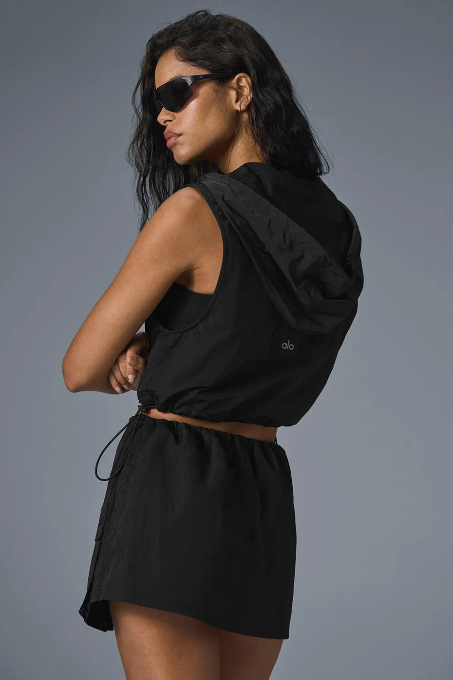 Crinkle Cropped Surplus Vest - Black