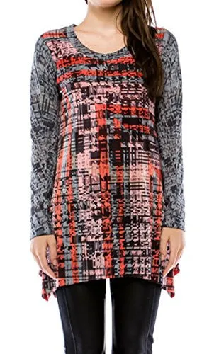 Cubism - Houndstooth Maps, Asymmetric Hem Long Sleeve Fashion Tunic Top