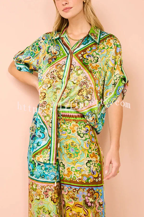 Effortlessly Stylish Satin Paisley Color Block Print Button Down Oversized Blouse