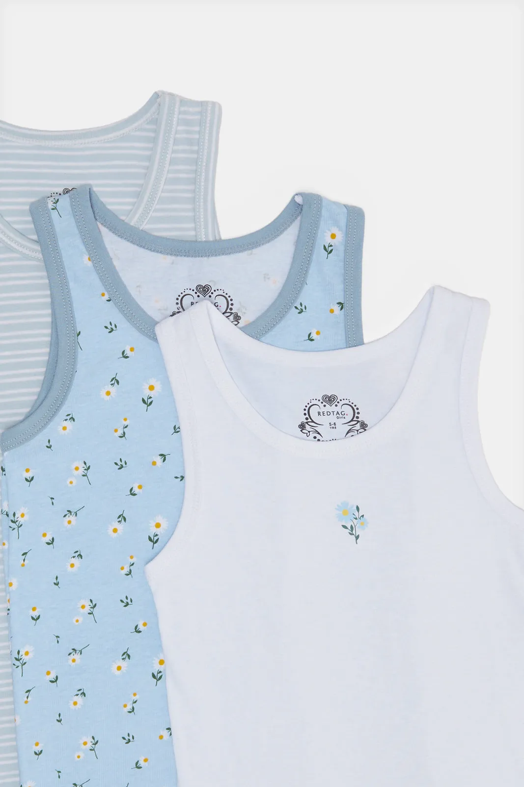 Girls Blue Solid And Print Vest Set (Pack of 3)