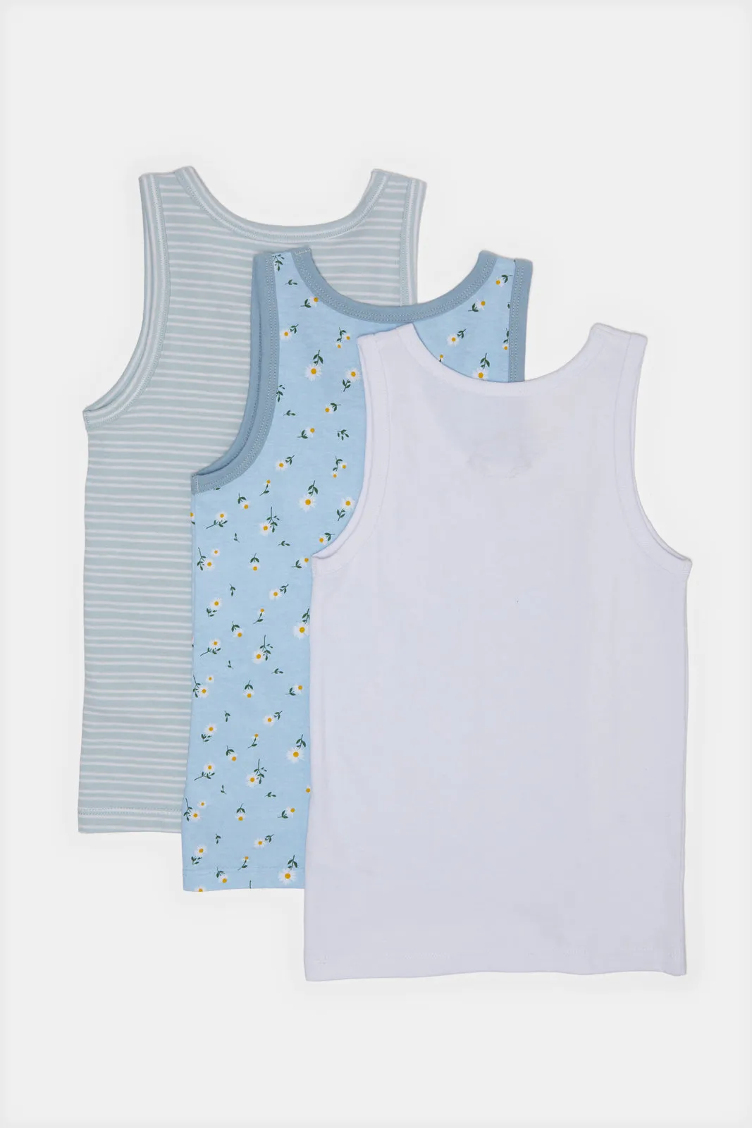 Girls Blue Solid And Print Vest Set (Pack of 3)