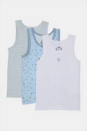 Girls Blue Solid And Print Vest Set (Pack of 3)