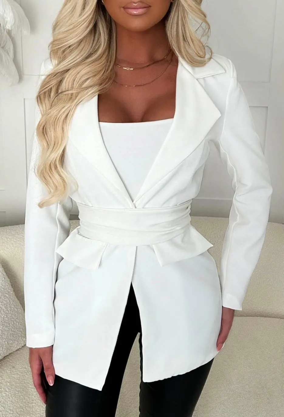 Iconic Destiny White Belted Chic Blazer