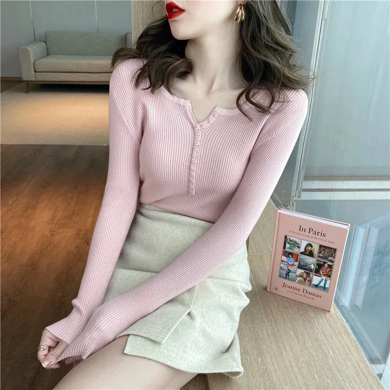 Korean Chic All-Matching V-Neck Long Sleeved Slimming Slim-Look Stretchable Tops Women Sweater