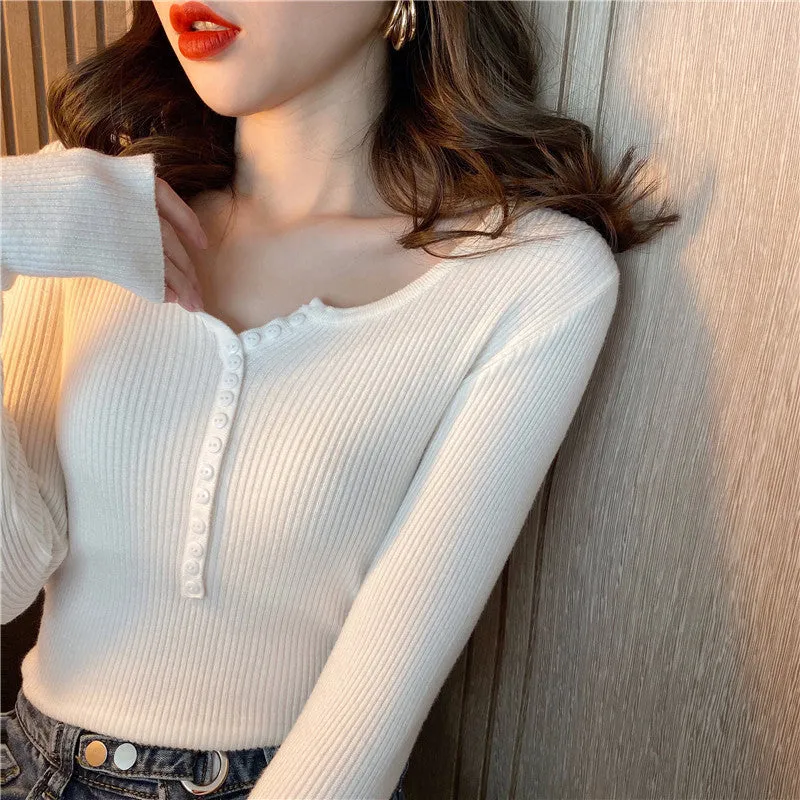 Korean Chic All-Matching V-Neck Long Sleeved Slimming Slim-Look Stretchable Tops Women Sweater