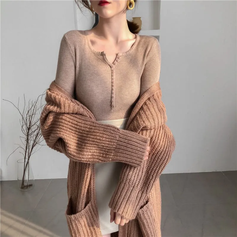 Korean Chic All-Matching V-Neck Long Sleeved Slimming Slim-Look Stretchable Tops Women Sweater