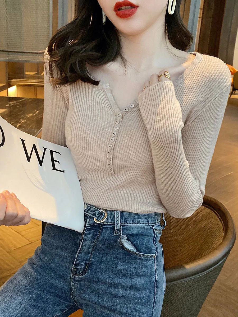 Korean Chic All-Matching V-Neck Long Sleeved Slimming Slim-Look Stretchable Tops Women Sweater