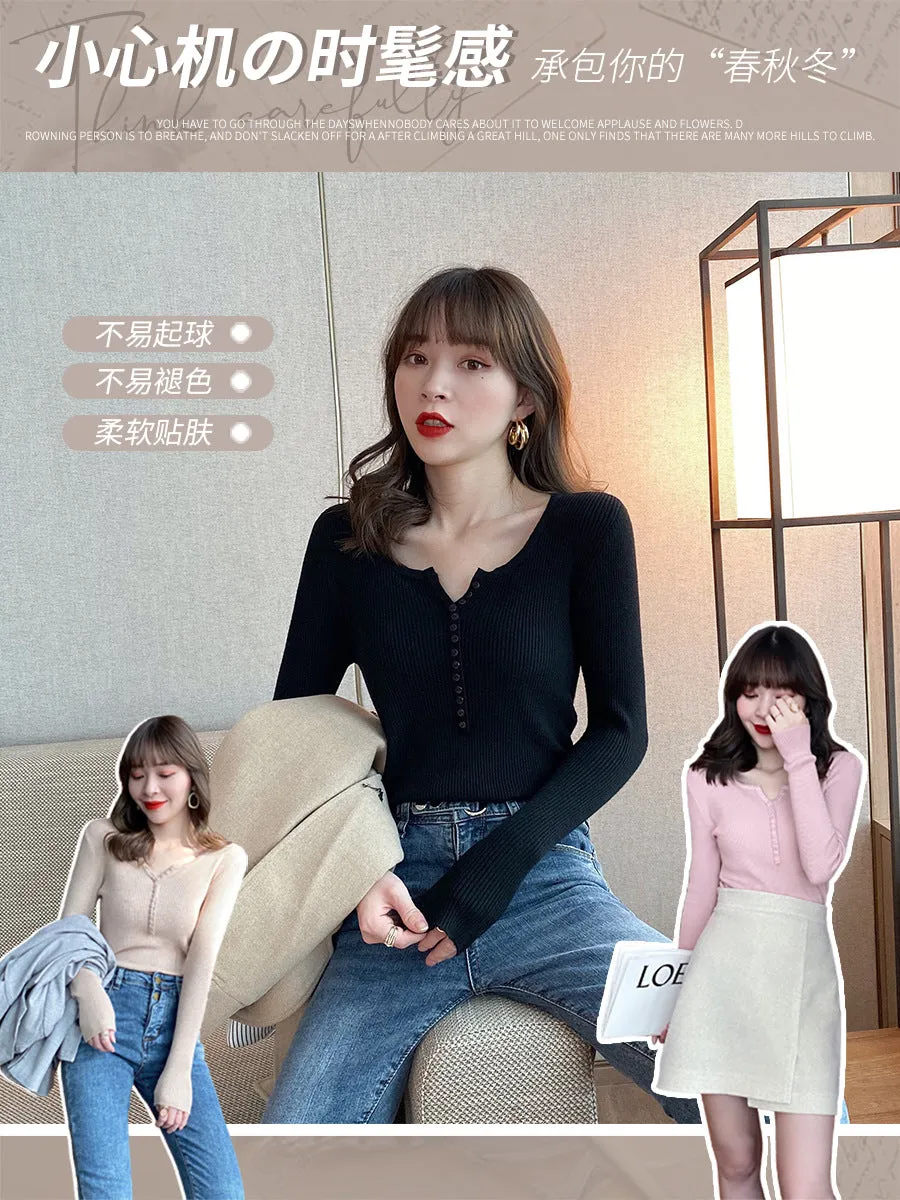 Korean Chic All-Matching V-Neck Long Sleeved Slimming Slim-Look Stretchable Tops Women Sweater