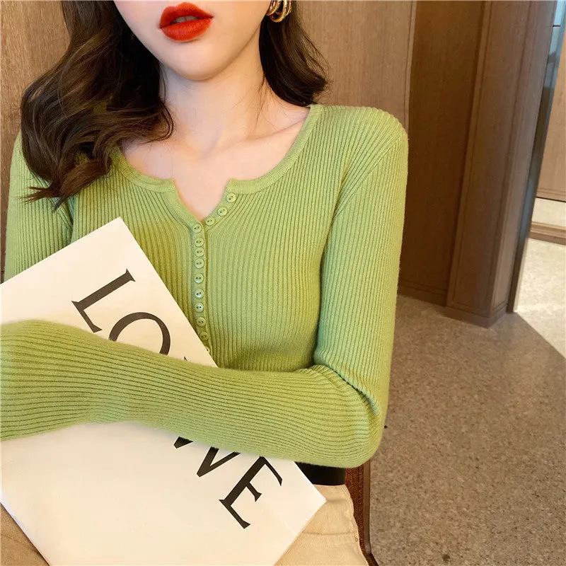 Korean Chic All-Matching V-Neck Long Sleeved Slimming Slim-Look Stretchable Tops Women Sweater