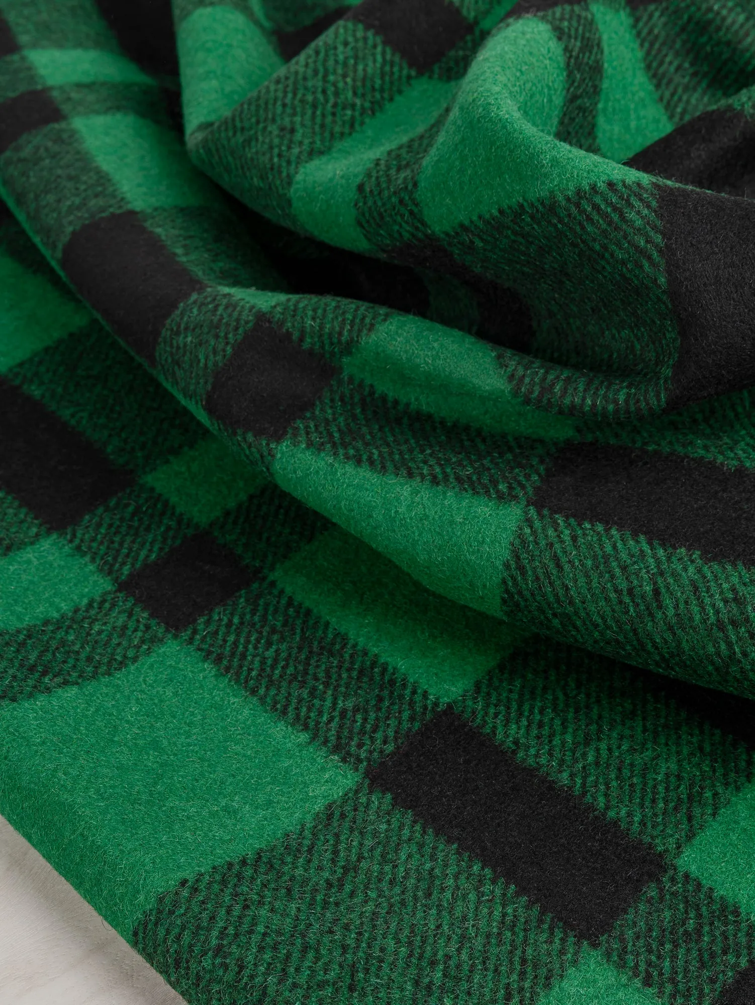 Large Plaid Melton Wool Blend Coating Deadstock - Green   Black - Swatch