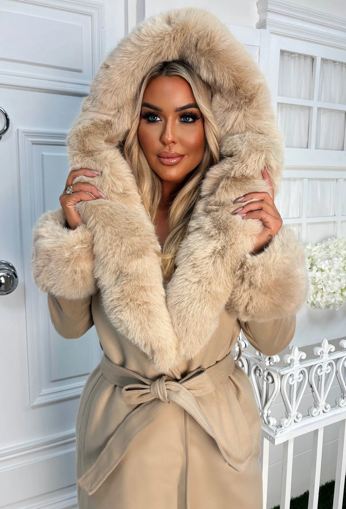 Luxe Illusion Taupe Faux Fur Trim Belted Coat