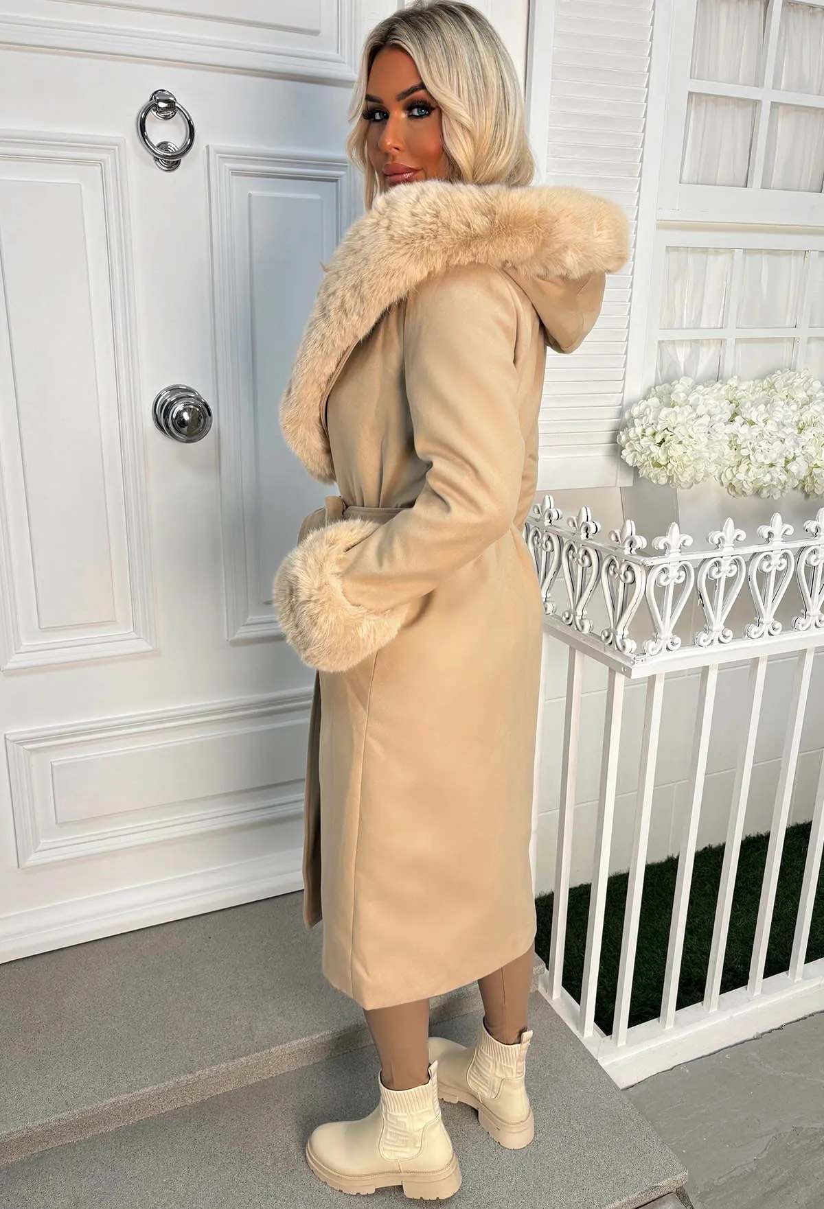 Luxe Illusion Taupe Faux Fur Trim Belted Coat