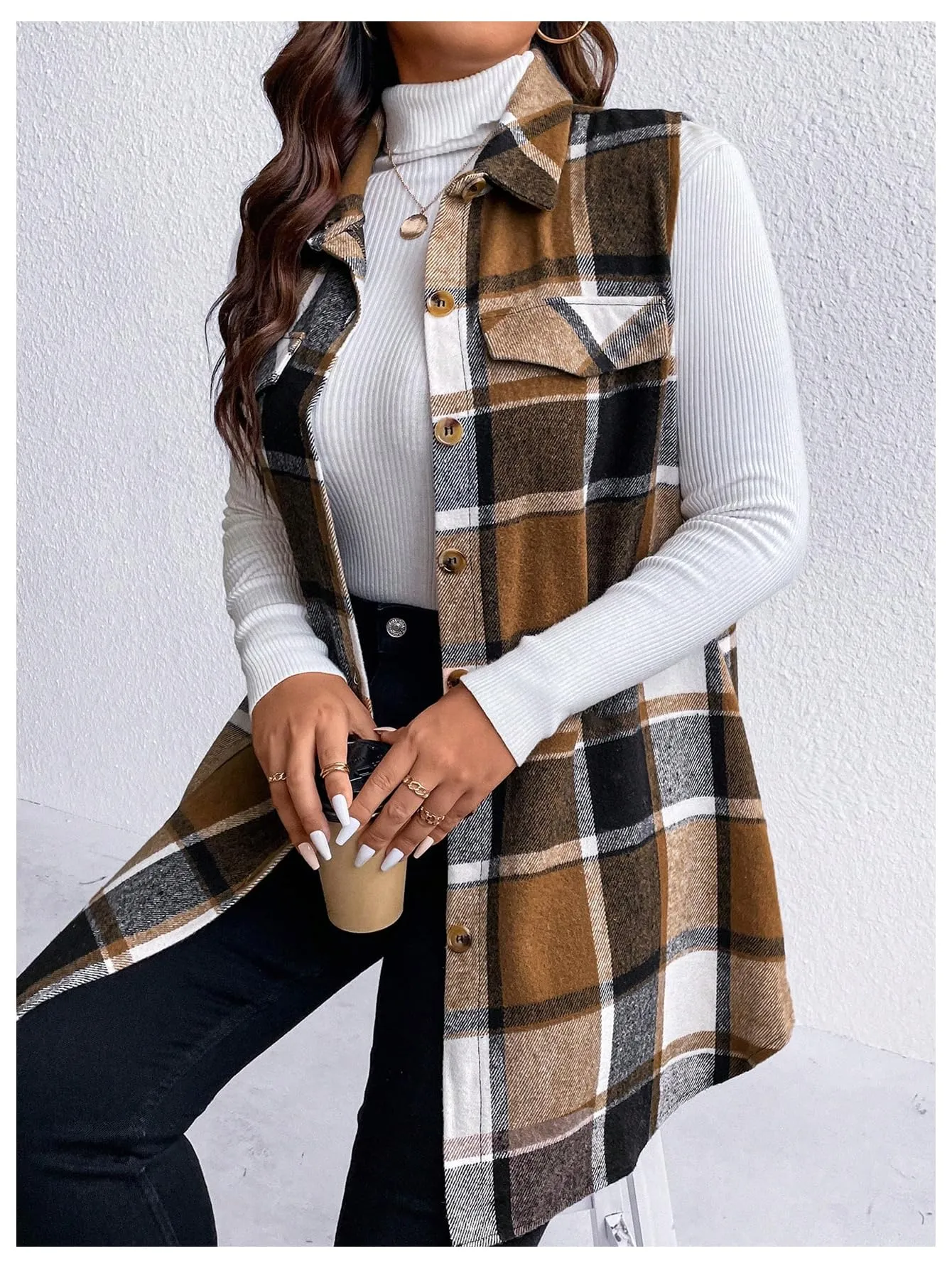 MakeMeChic Women's Plus Size Outwear Vest Top Plaid Tweed Jacket Button Down Shirt Plus Brown 2XL