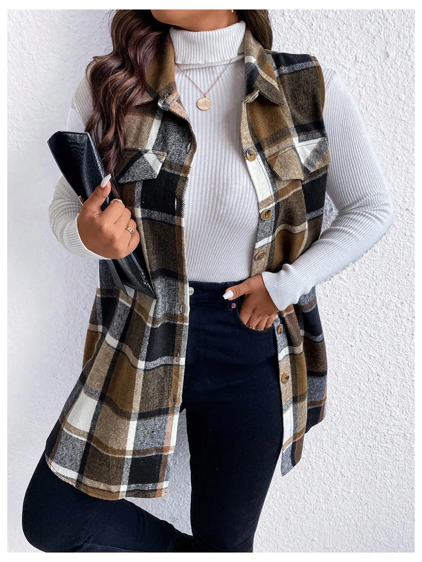 MakeMeChic Women's Plus Size Outwear Vest Top Plaid Tweed Jacket Button Down Shirt Plus Brown 2XL