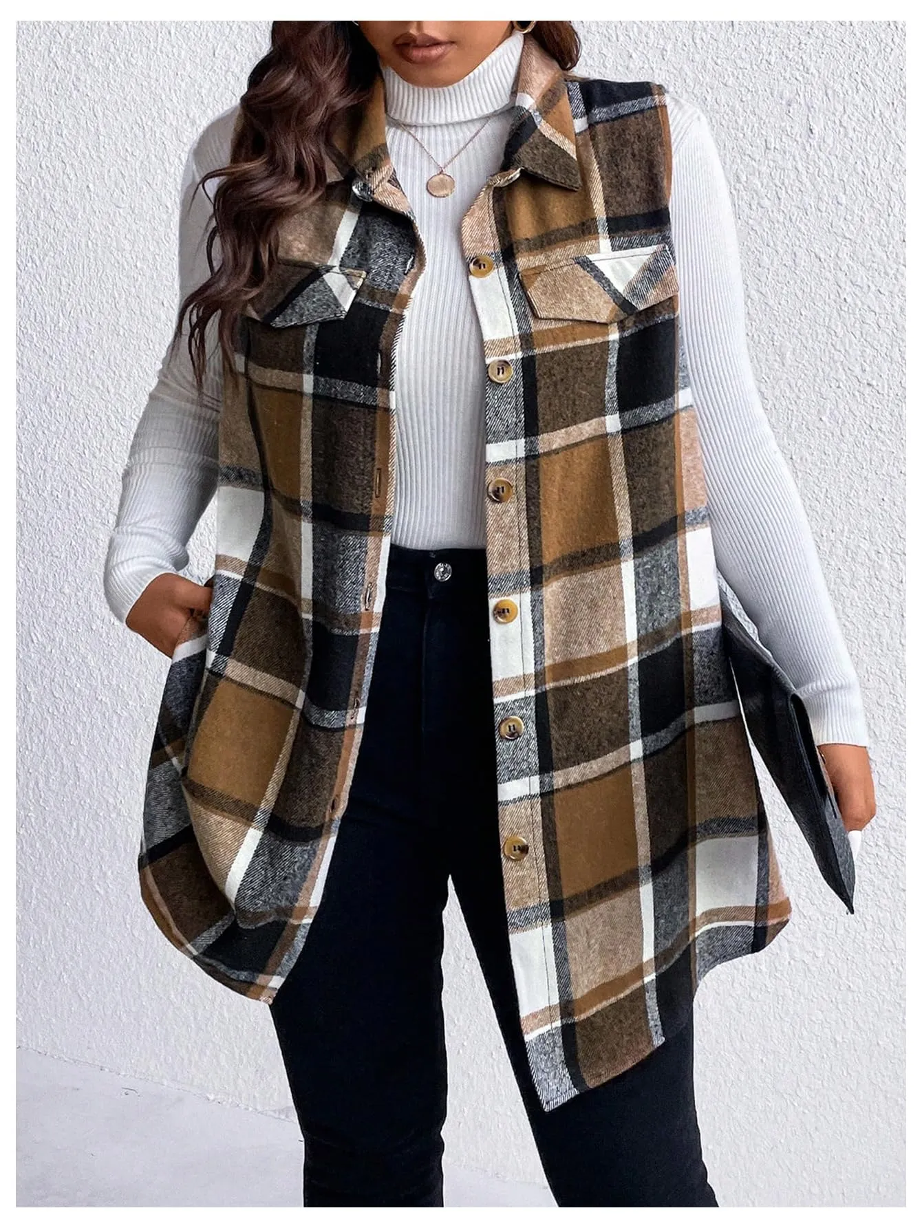 MakeMeChic Women's Plus Size Outwear Vest Top Plaid Tweed Jacket Button Down Shirt Plus Brown 2XL