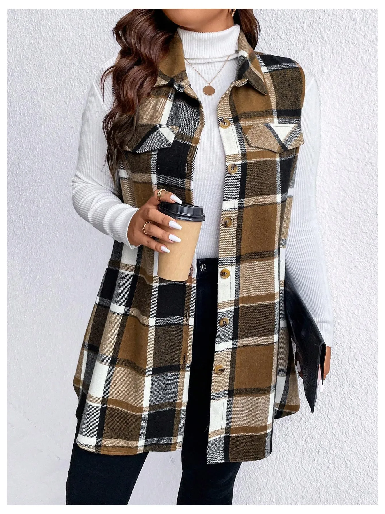 MakeMeChic Women's Plus Size Outwear Vest Top Plaid Tweed Jacket Button Down Shirt Plus Brown 2XL