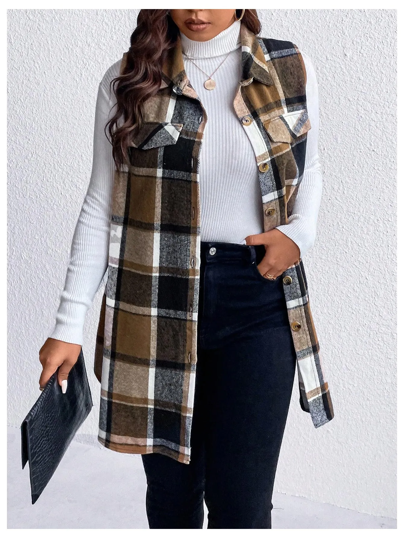 MakeMeChic Women's Plus Size Outwear Vest Top Plaid Tweed Jacket Button Down Shirt Plus Brown 2XL