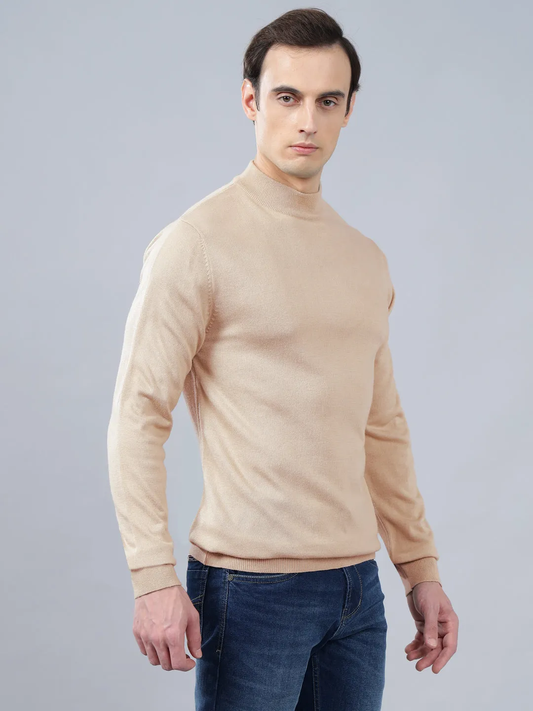 Men's Beige Solid Full Sleeve Sweater