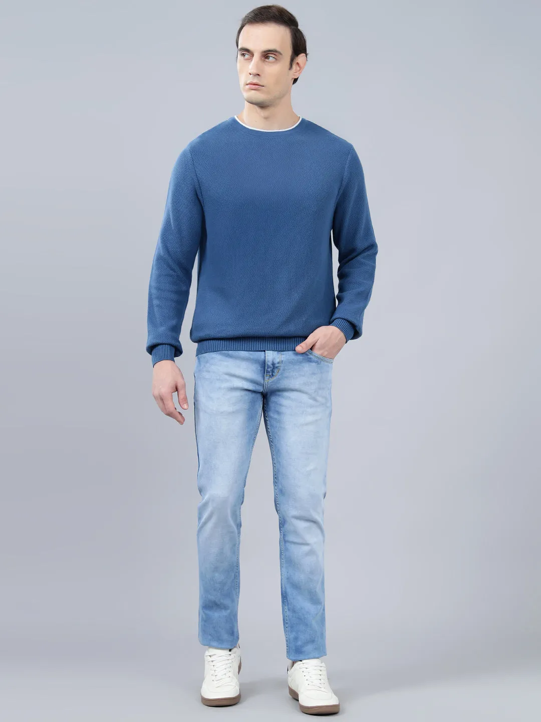 Men's Blue Self Design Full Sleeve Sweater