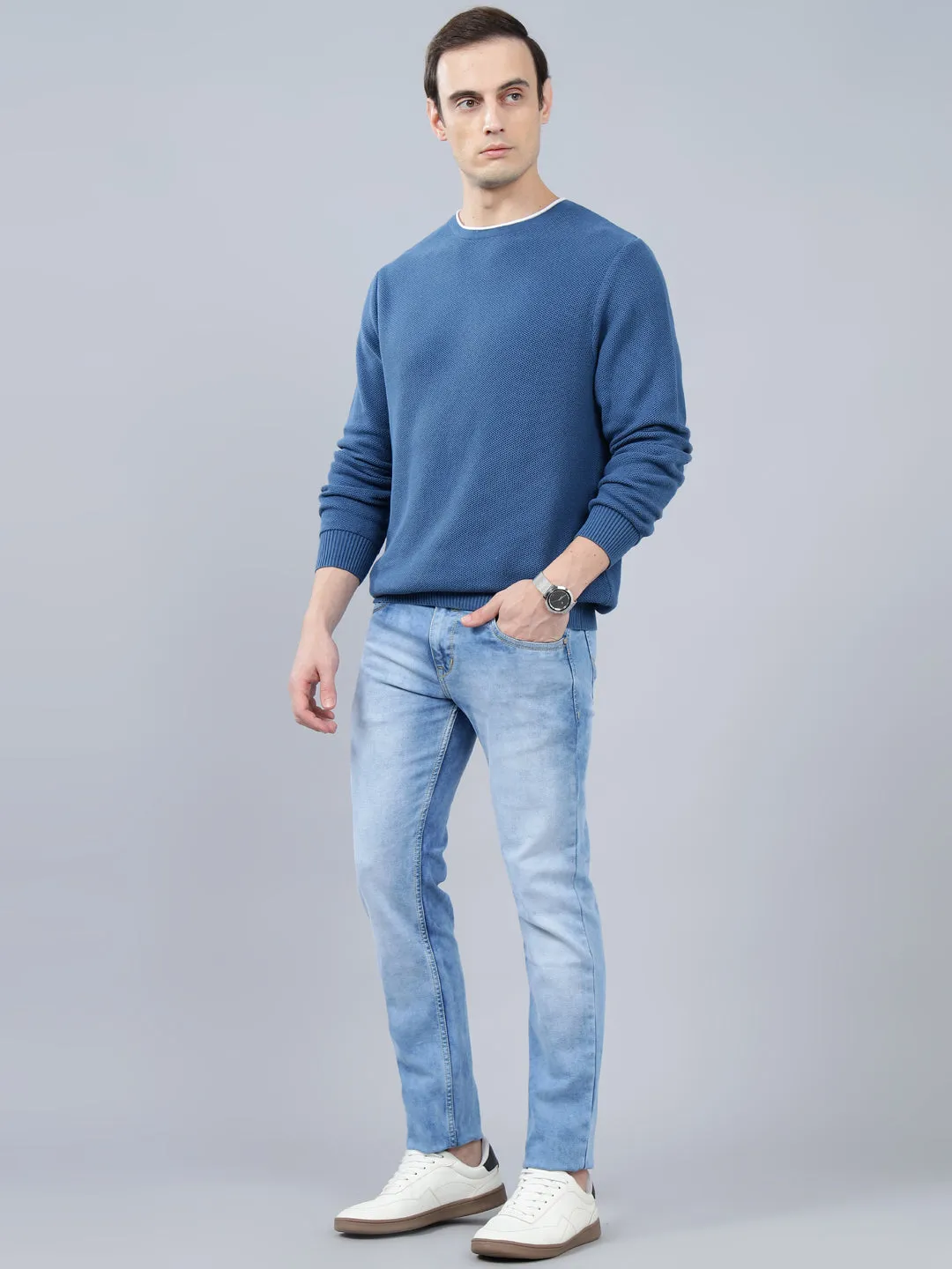 Men's Blue Self Design Full Sleeve Sweater