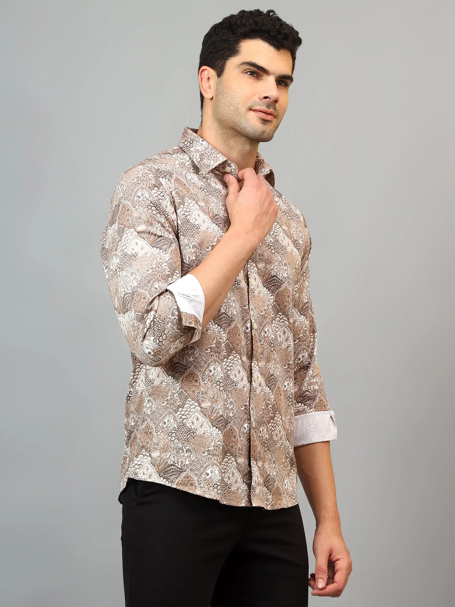 Men's Brown Party Abstract Print Full Sleeve Shirt