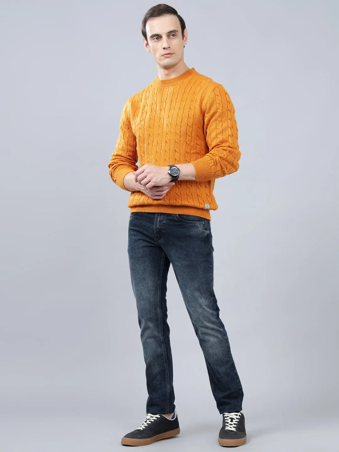 Men's Jacquard Mustard Full Sleeve Sweater