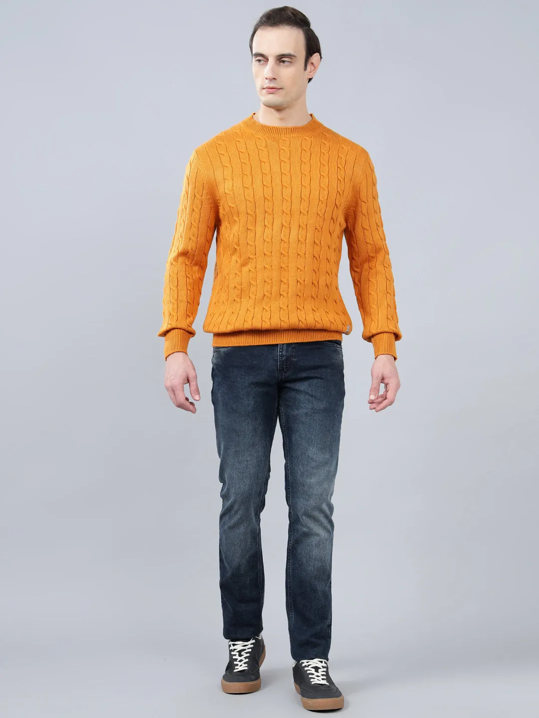 Men's Jacquard Mustard Full Sleeve Sweater