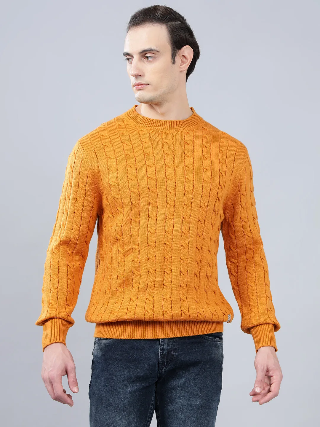 Men's Jacquard Mustard Full Sleeve Sweater