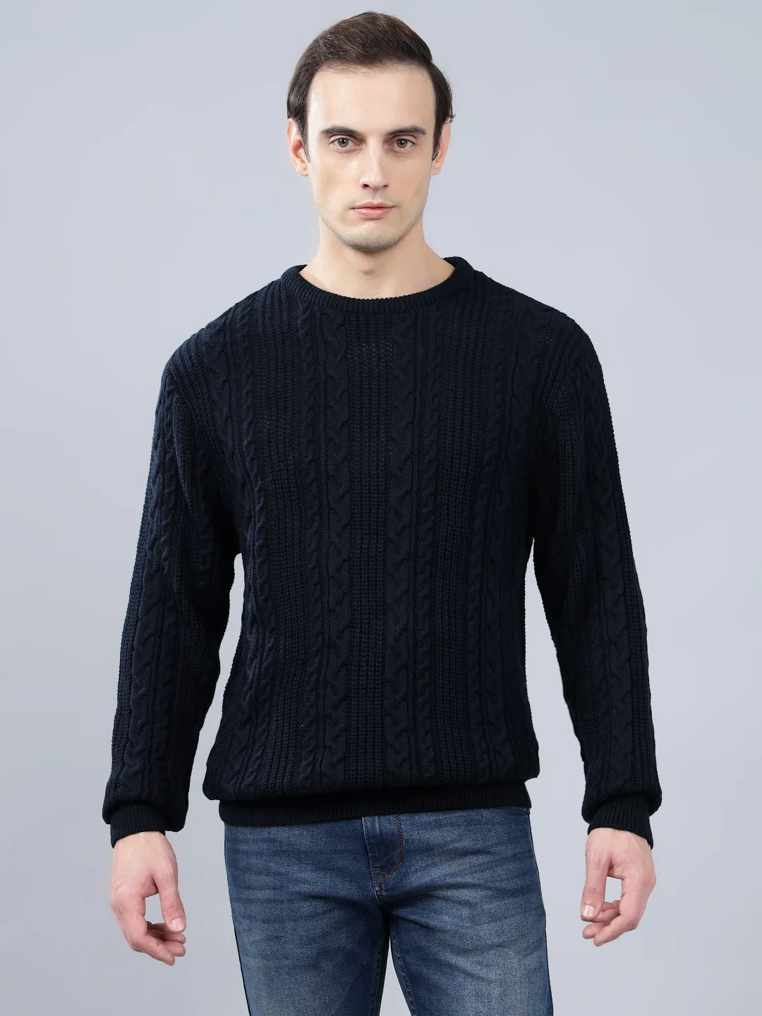 Men's Jacquard Navy Blue Full Sleeve Sweater