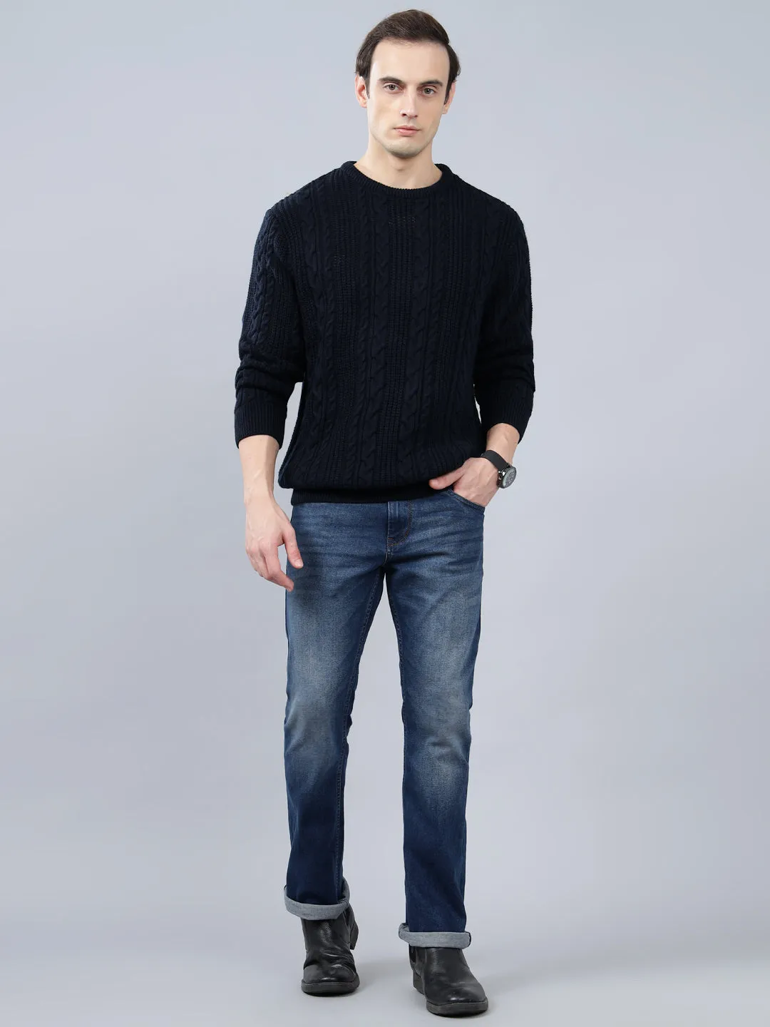 Men's Jacquard Navy Blue Full Sleeve Sweater